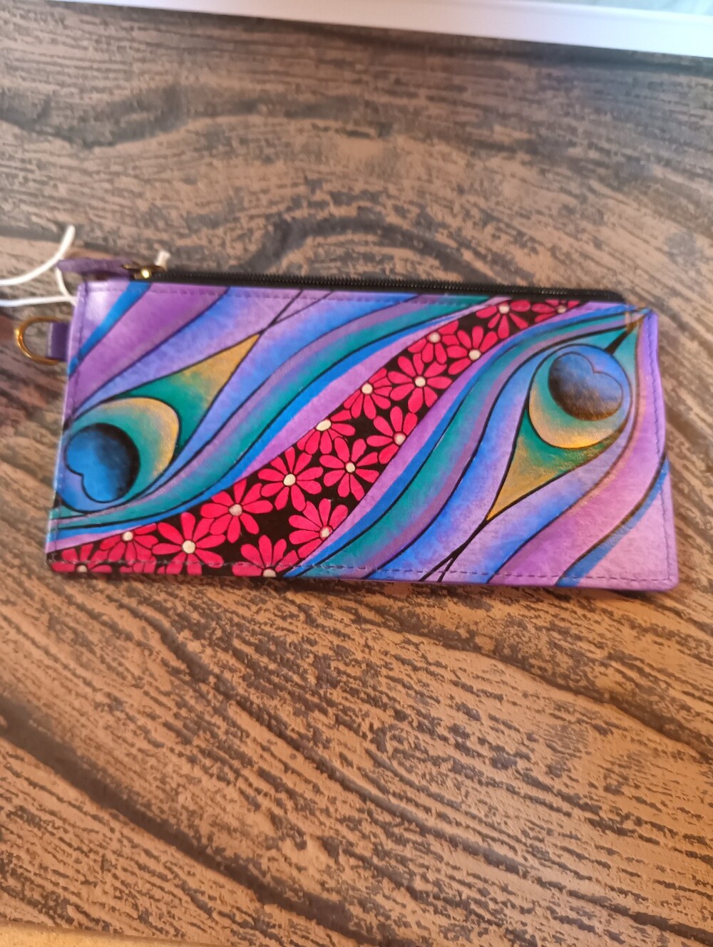 Anna Anushka Handpainted Leather Blue-Purple  Peacock Card and Coin Holder